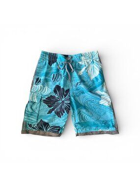 Tru Cal Mens Turquoise Floral Board Shorts Swimwear Size M 100% Polyester Mesh